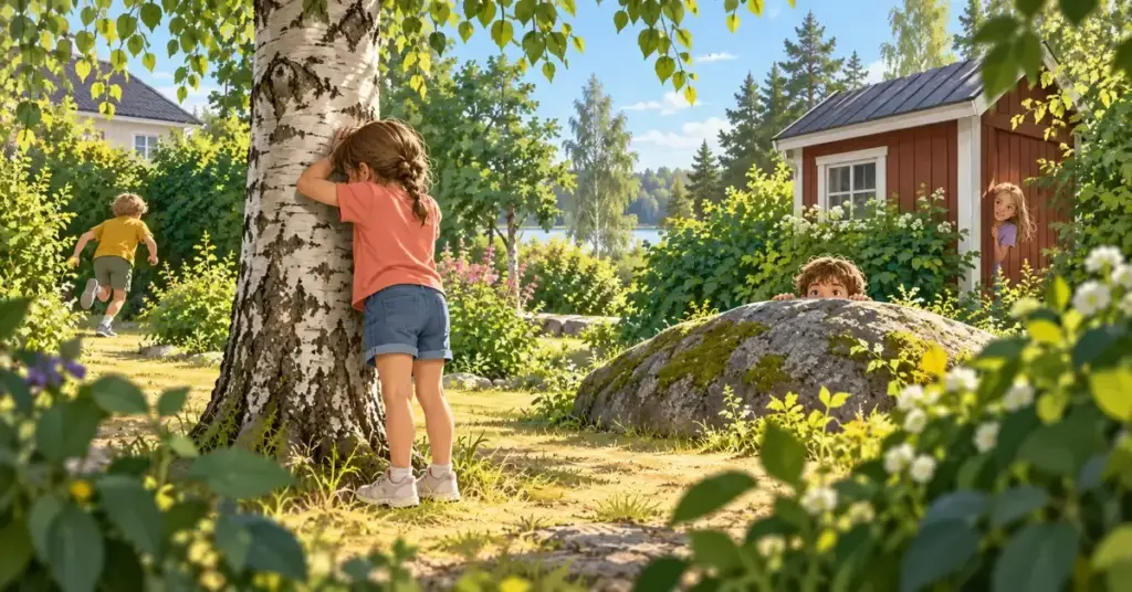 Lapset leikkivät kirkonrottaa kesäisellä pihalla, jossa etsijä laskee koivun luona ja muut piiloutuvat kiven, piharakennuksen ja pensaiden taakse.