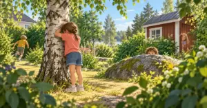 Lapset leikkivät kirkonrottaa kesäisellä pihalla, jossa etsijä laskee koivun luona ja muut piiloutuvat kiven, piharakennuksen ja pensaiden taakse.