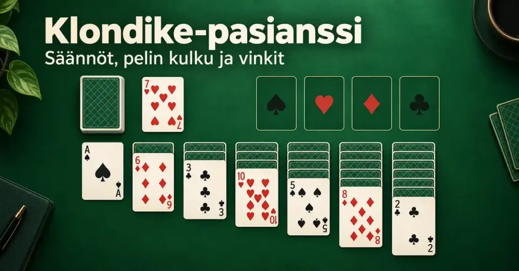Klondike-pasianssin seitsemän korttisaraketta, varastopakka ja neljä maapinoa vihreällä pelipöydällä sekä teksti ”Klondike-pasianssi – Säännöt, pelin kulku ja vinkit”.