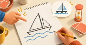 Kuvitus Pictionary-pelistä, jossa yksi pelaaja piirtää purjevenettä ja toinen arvaa piirrosta tiimalasin mitatessa aikaa.