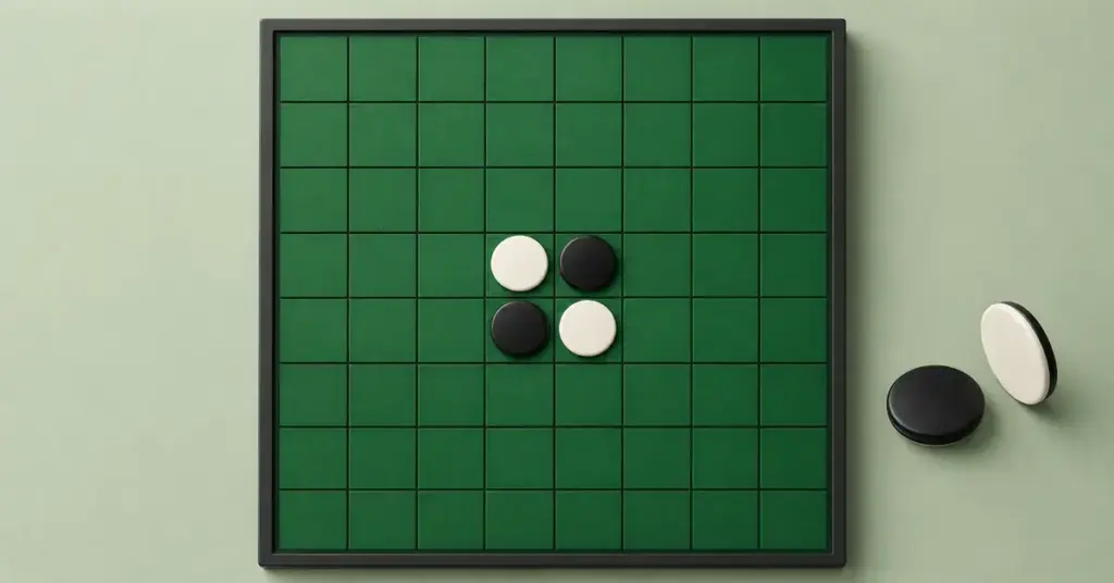 Vihreän Reversi-laudan keskellä on neljä mustaa ja valkoista kiekkoa aloitusasetelmassa, ja laudan vieressä näkyy kaksi kaksiväristä pelikiekkoa.