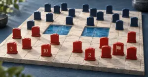Punaiset ja siniset Stratego-nappulat kohtaavat kahden järven jakamalla ruutulaudalla, ja etualalla näkyvät sotilaiden arvot sekä lippunappula.