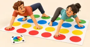 Kaksi kuvitettua pelaajaa tasapainoilee käsillään ja jaloillaan Twister-maton värillisillä ympyröillä, ja maton vieressä on pelin pyöritettävä osoitin.